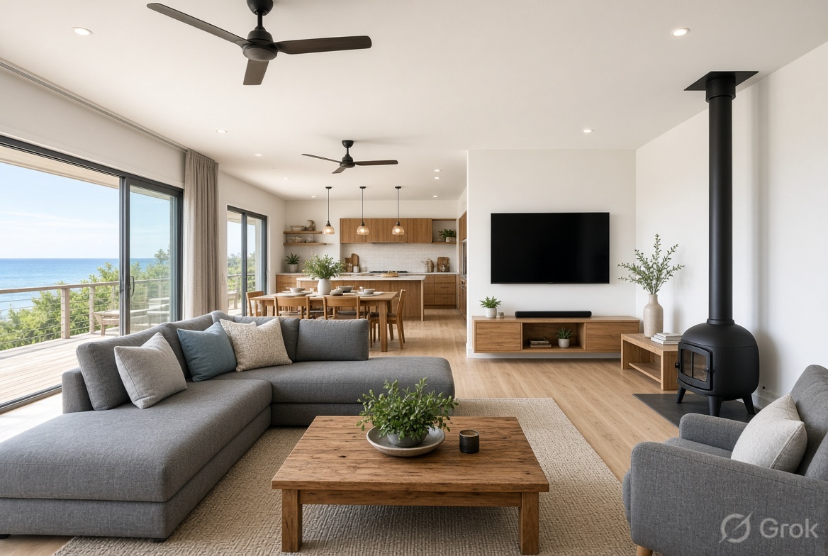 Open plan living with pot belly stove and dining