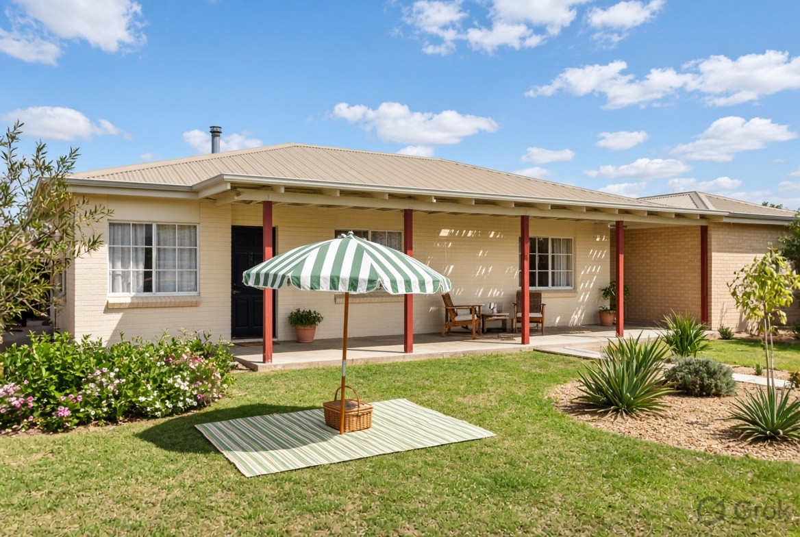 Cream brick holiday home with verandah and picnic lawn